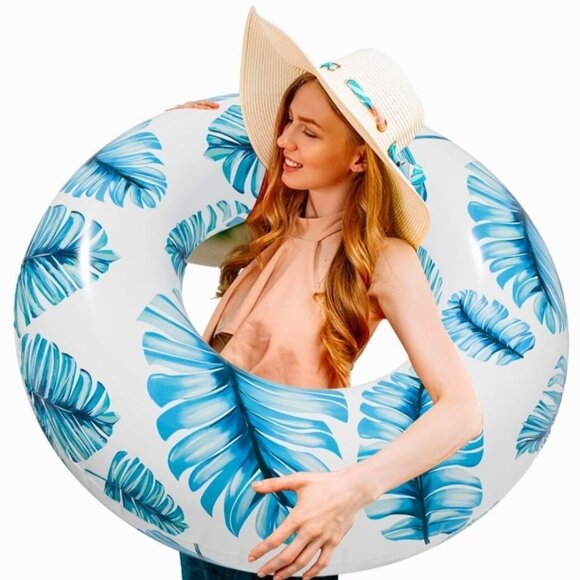 Pool Flats Other - Blue Palm Pool Float Inflatable Ring 12+ Adults Swim Tube Summer Leaf Print NWT
